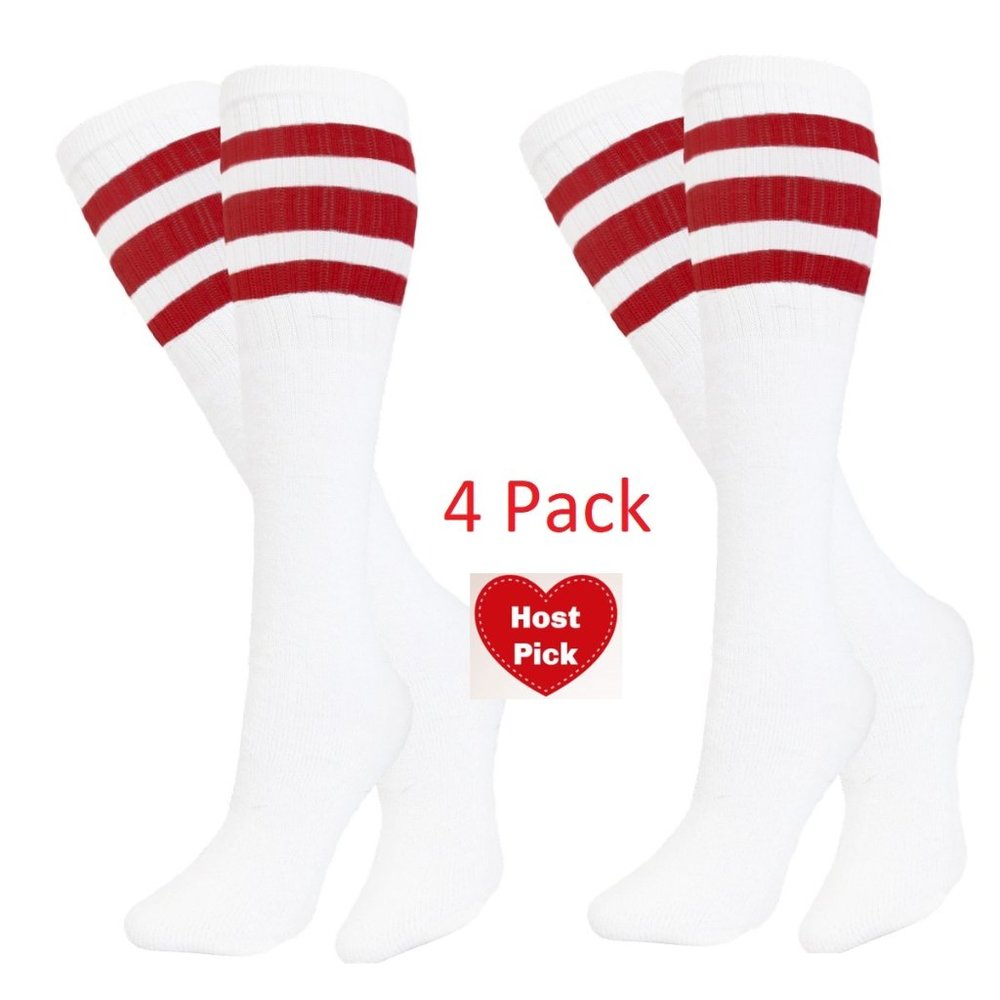 White & Red Baseball Softball Striped Tube Set Of 4 Pair Socks